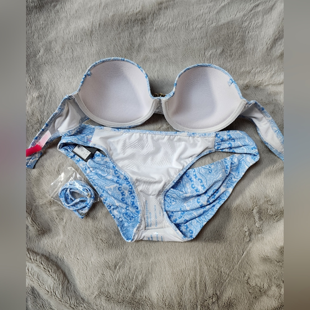 Victoria's Secret Light Blue Paisley Bandeau Bikini with Jewel Accent - Picture 3 of 4
